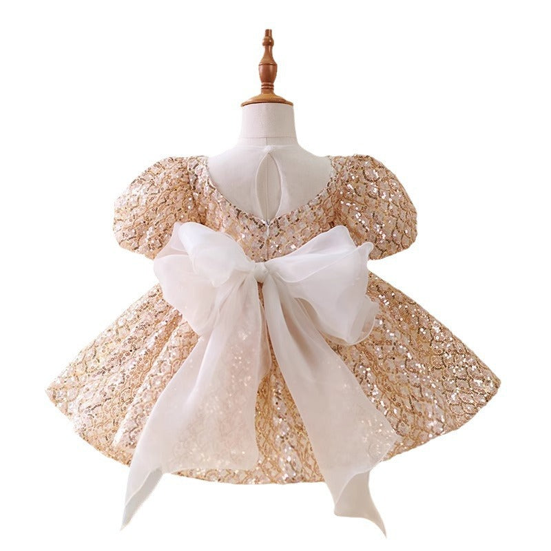 Golden Sequined Puff Sleeve Birthday Party Princess Dress