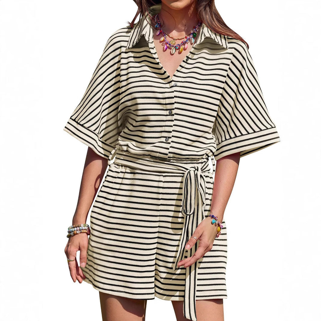 Casual Striped Jumpsuit Short Sleeve Buckle Shorts Romper