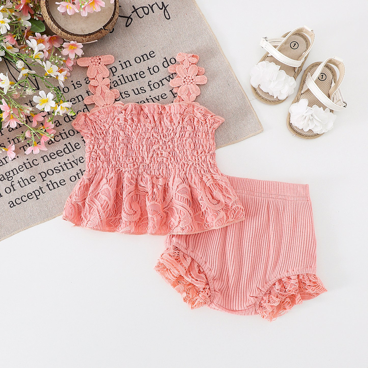 Mesh Smocking Sling Top Harem Pants Lace Two-piece Set
