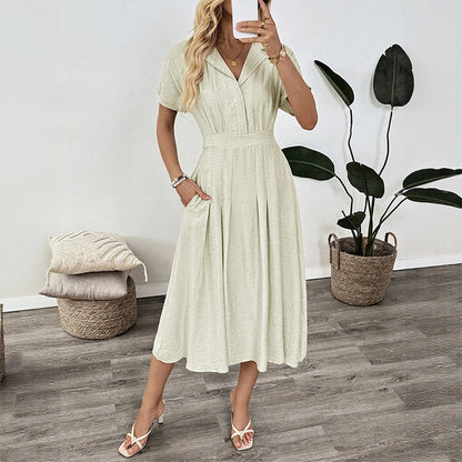 Lapel And Waist Tight Skirt Commuter Pocket Shirt Dress