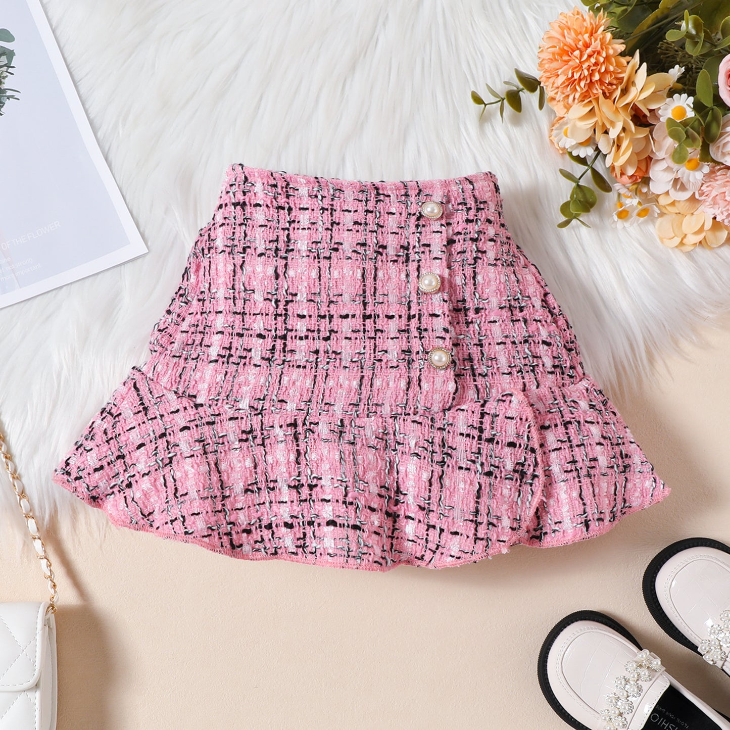 Sunken Stripe Long Sleeve Flying Sleeve Top Plaid Fishtail Skirt Hat Trendy Girl Suit