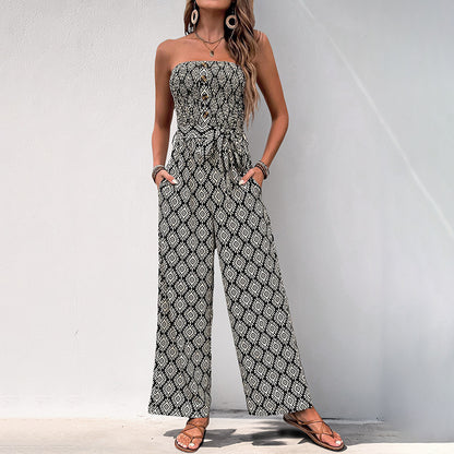 Ethnic Holiday Floral Print Tube Top Jumpsuit