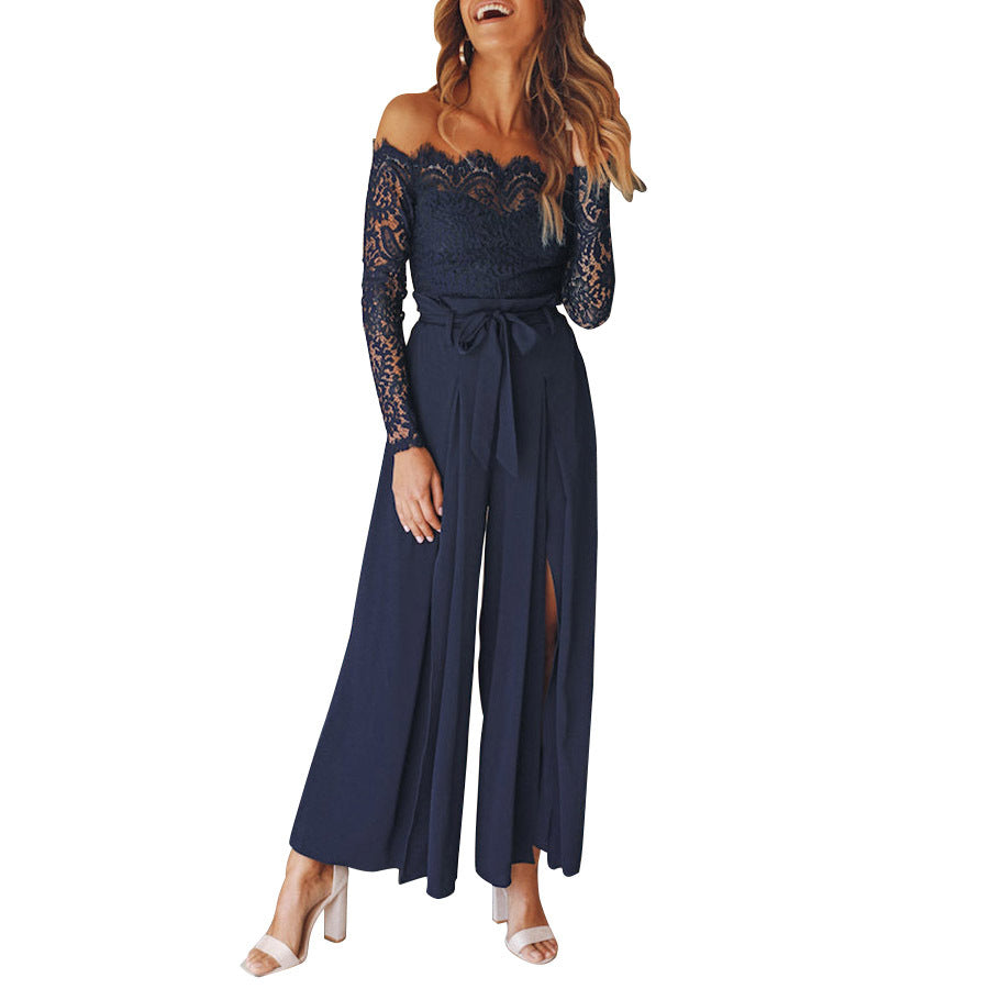 Women's Solid Color Lace High Waist Strap Loose Jumpsuit