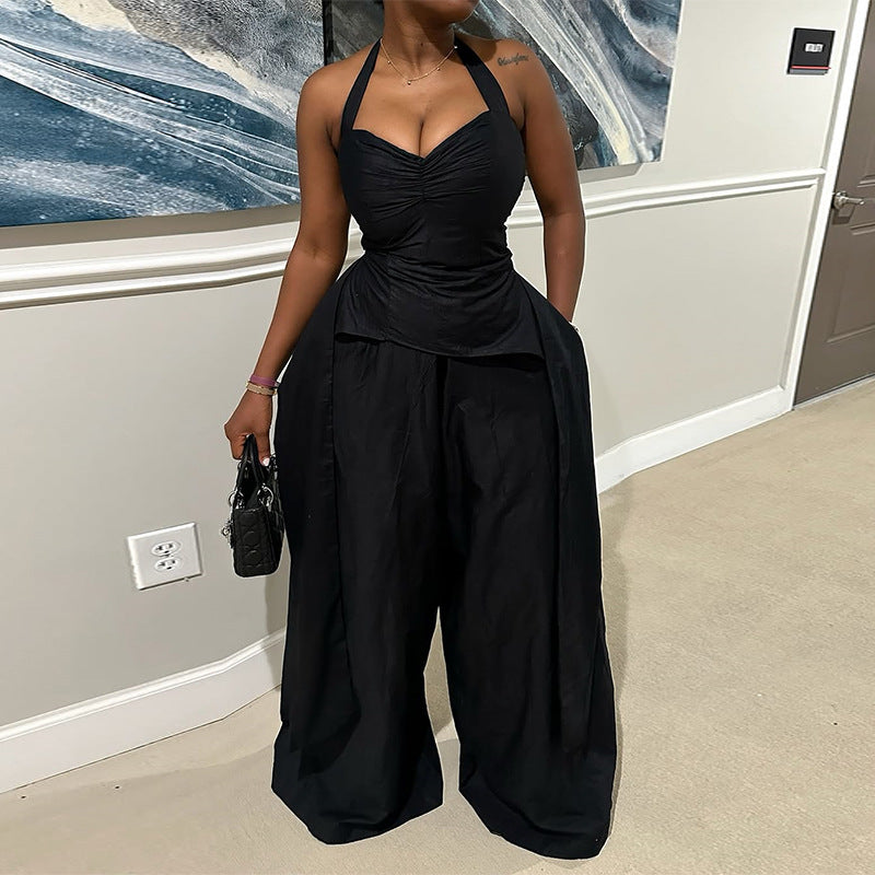 Sexy Halter V-neck Irregular Sleeveless High Waist Ribbon Jumpsuit Trousers