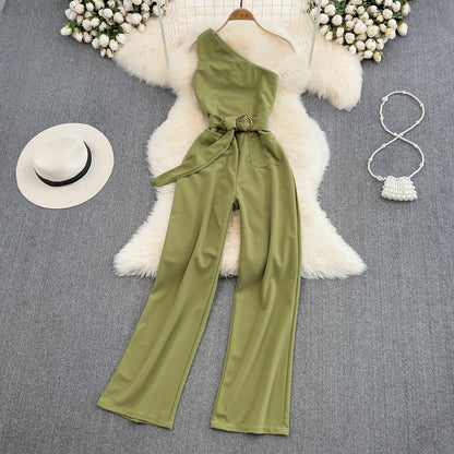 High Waist Slimming OL Temperament Straight Wide Leg Jumpsuit Summer