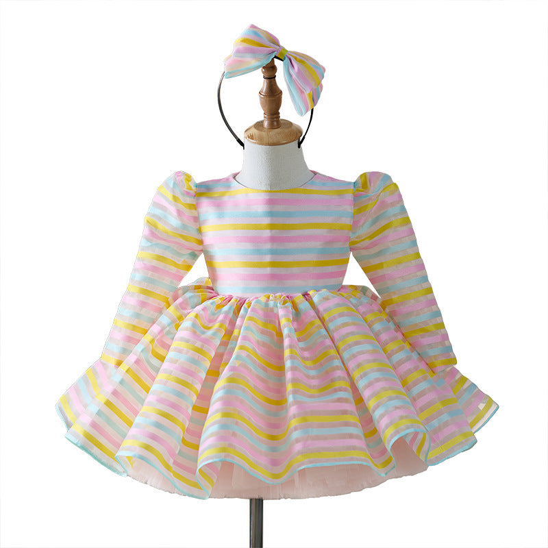 Cute Stripes Long Sleeve Umbrella Princess Dress