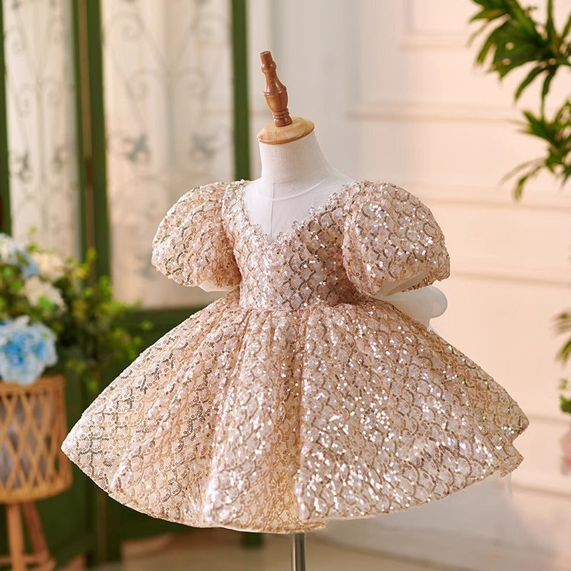 Golden Sequined Puff Sleeve Birthday Party Princess Dress