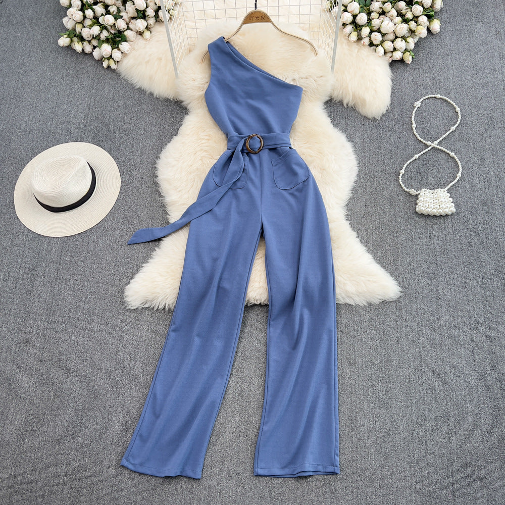 High Waist Slimming OL Temperament Straight Wide Leg Jumpsuit Summer