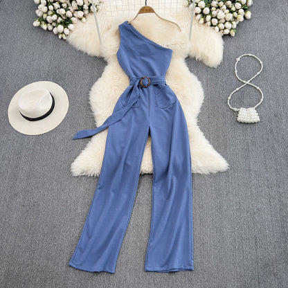 High Waist Slimming OL Temperament Straight Wide Leg Jumpsuit Summer