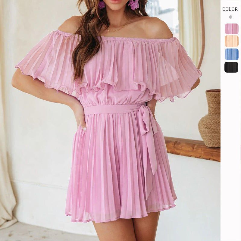 Solid Color Sexy Pleated Short-sleeved Jumpsuit