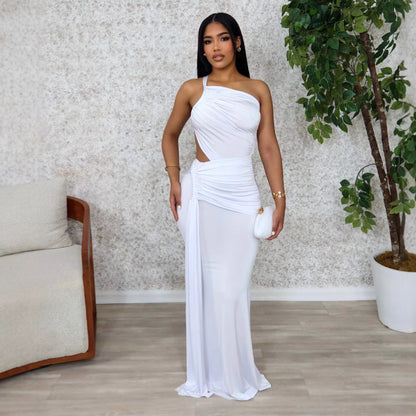 Women's Fashion Solid Color Long One Shoulder Pleated Dress