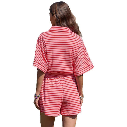 Casual Striped Jumpsuit Short Sleeve Buckle Shorts Romper