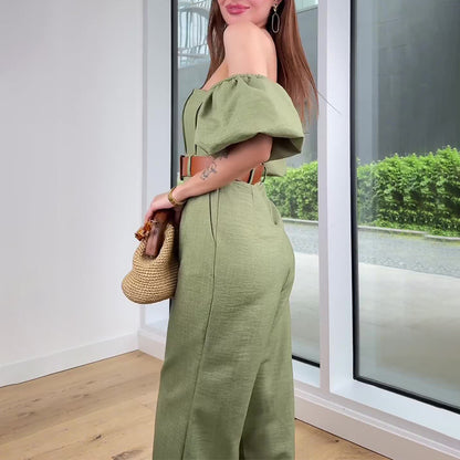 Square Collar Solid Color Sleeve Fitted Waist Backless Temperament Straight Jumpsuit