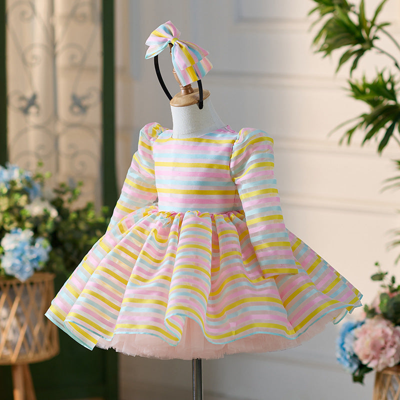 Cute Stripes Long Sleeve Umbrella Princess Dress