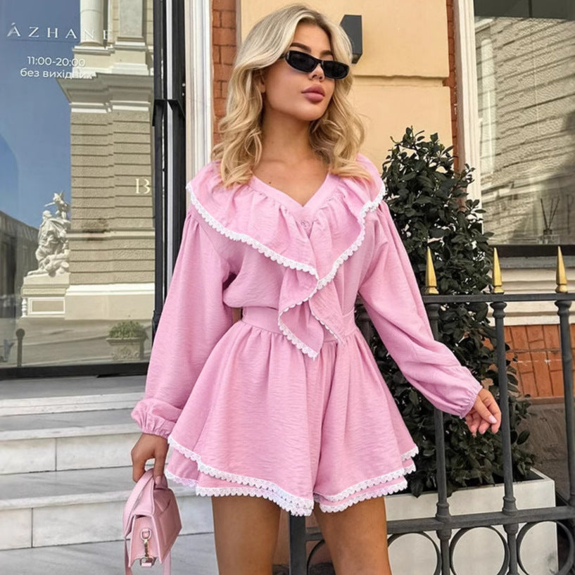 Layered Ruffled Lapel Lantern Sleeve Loose Two-piece Suit