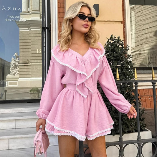 Layered Ruffled Lapel Lantern Sleeve Loose Two-piece Suit