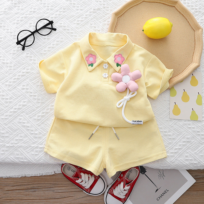 Girls' Summer Cotton Short-sleeved Shorts Suit