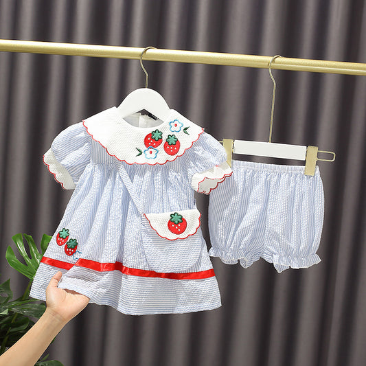 Little Girl Strawberry Lapel Vertical Skirt