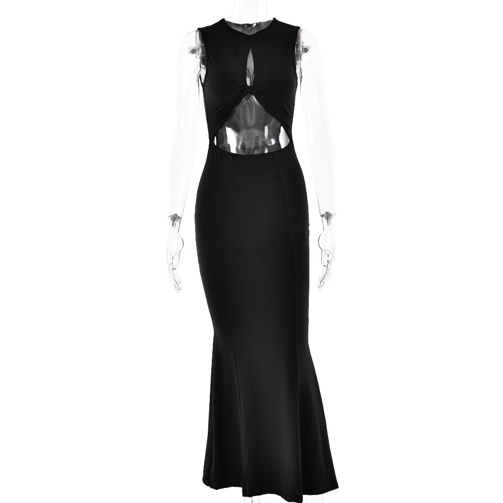 Spring Sexy Hot Girl Round Neck Sleeveless Stitched Backless Sheath Dress