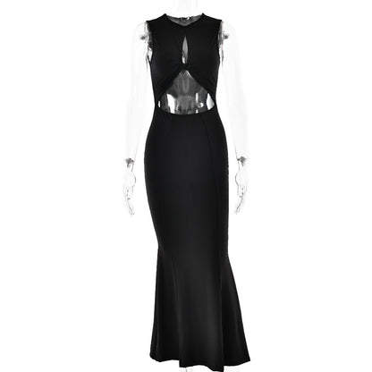Spring Sexy Hot Girl Round Neck Sleeveless Stitched Backless Sheath Dress