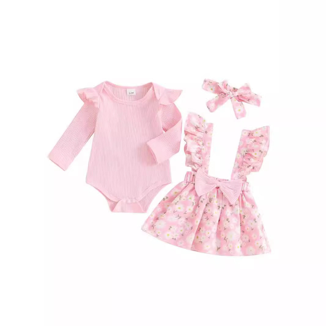 Cross-border Foreign Trade Infant European And American Pastoral Style Simple 3-piece Romper Bow Floral Suspender Skirt