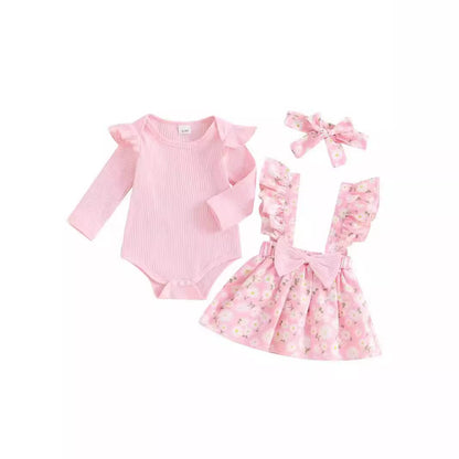 Cross-border Foreign Trade Infant European And American Pastoral Style Simple 3-piece Romper Bow Floral Suspender Skirt