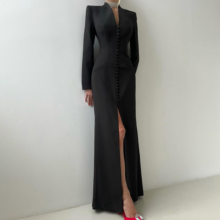 V-neck Long Sleeve High Waist Slit French Dress