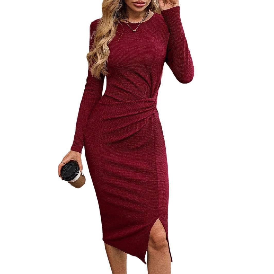 Round Neck Long Sleeve Twist Split Solid Color Elegant Dress