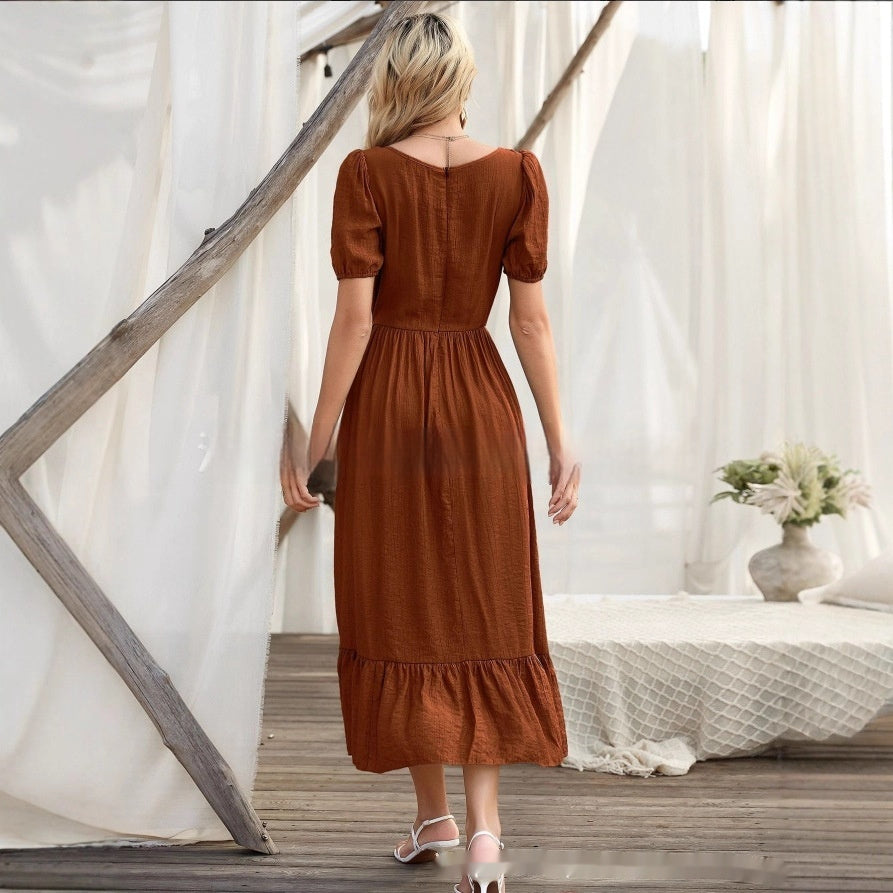 Women's Clothing Round-neck High Waist Solid Color Casual Patchwork Long Dress Women