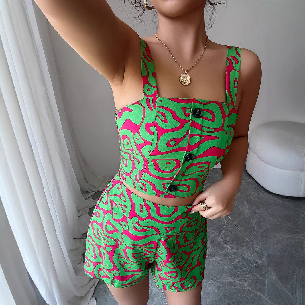 Spaghetti-strap Floral Print Shorts Two-piece Set