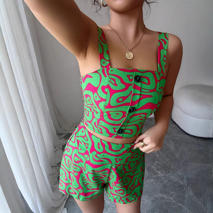 Spaghetti-strap Floral Print Shorts Two-piece Set