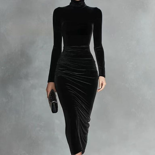 Black Velvet Sexy Half Turtleneck Dress Women