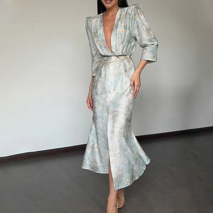 Women's Polyester Deep V-neck Slim-fit Printed Dress