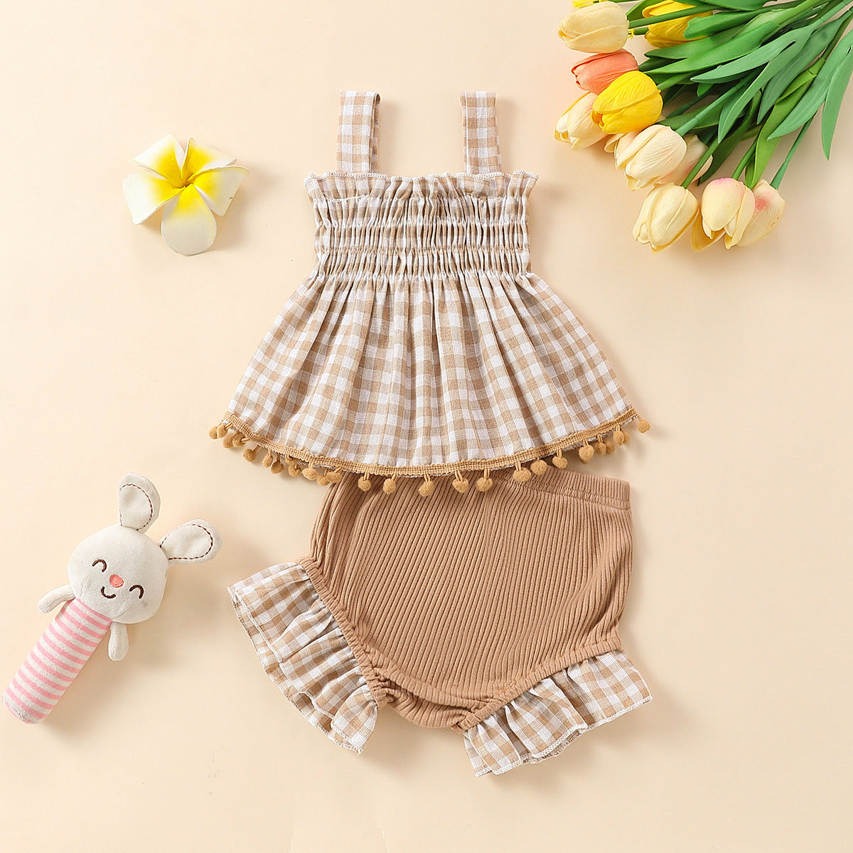 Baby Girl Cute Plaid Sling Half-length Lace Skirt Shorts Two-piece Suit