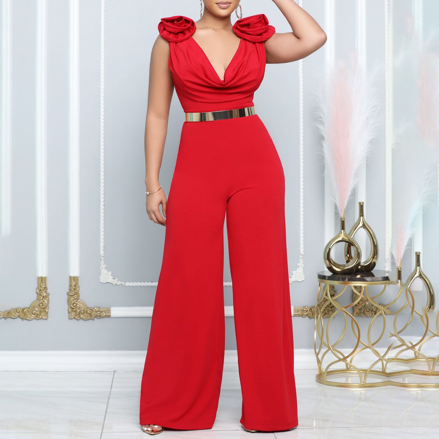 New Fashion V-neck Solid Color Turtleneck Sleeveless Fitted Waist Jumpsuit