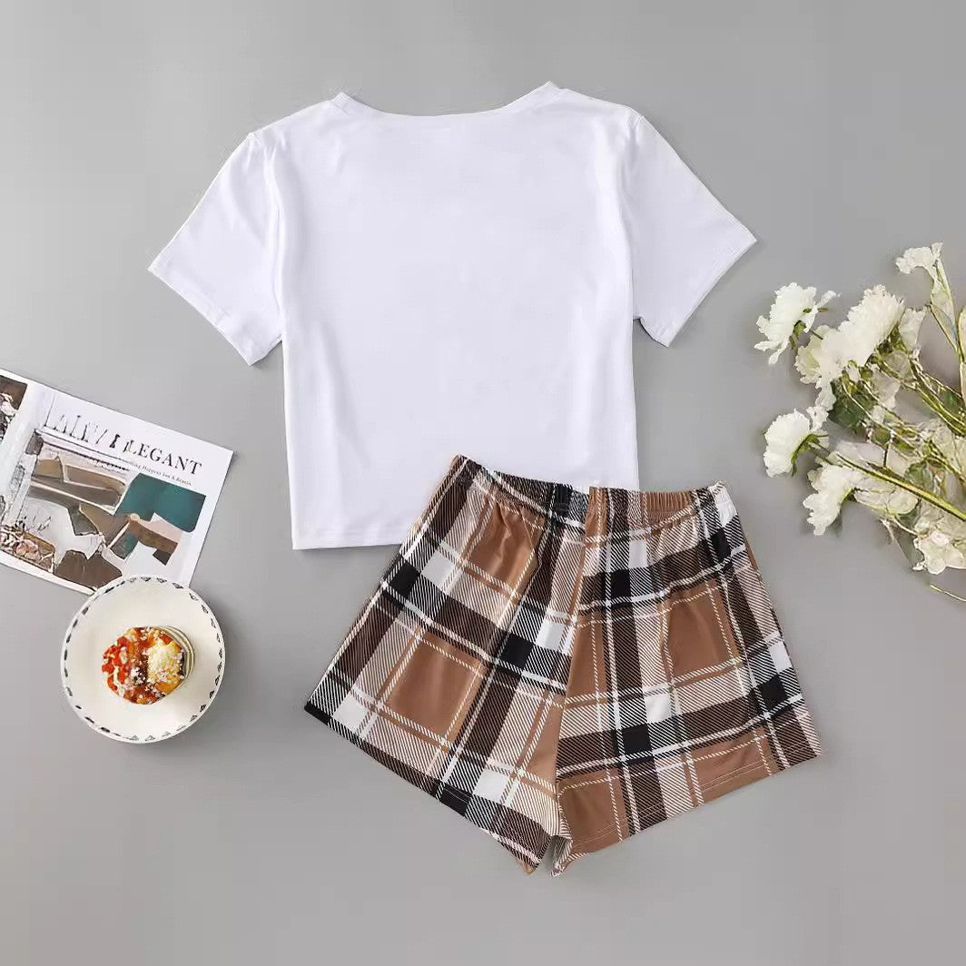 New Bear Printed Short-sleeved Top Lace Bow Printed Checks Shorts Home Wear Suit