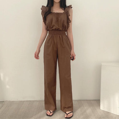 French Retro Square Collar Ruffled Flying Sleeves Elastic And Waisted High Waist Wide Leg Jumpsuit For Women