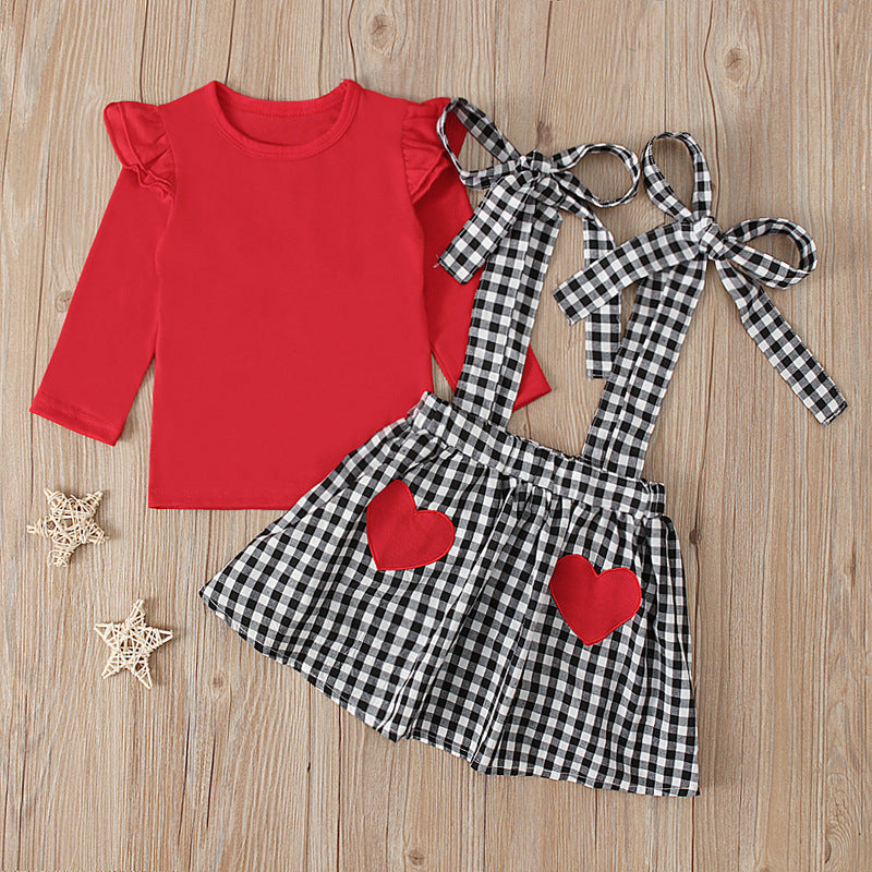 Girls' Long-sleeved Bow Suspender Skirt Suit