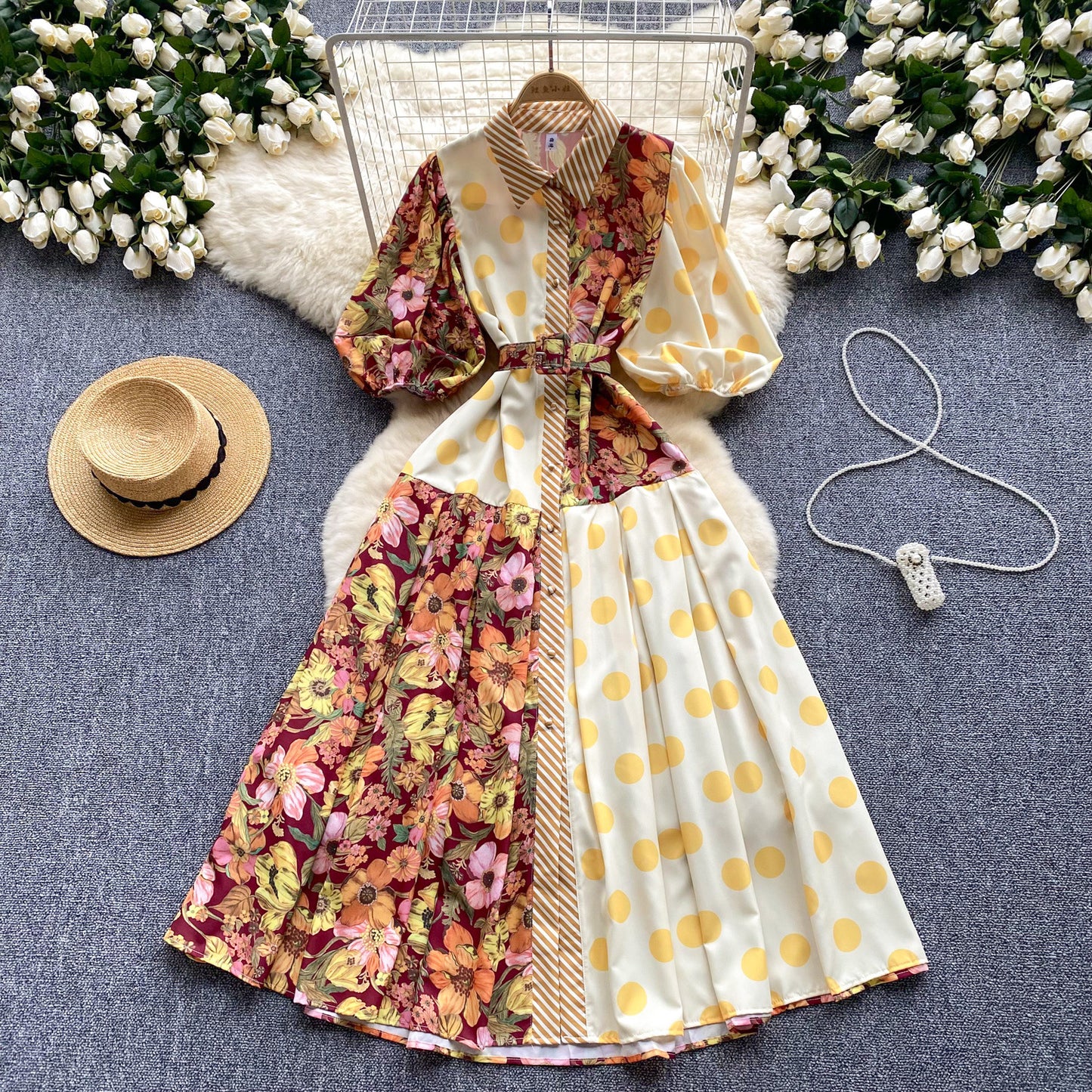 Women's Vintage Court Printed Lantern Sleeve Dress