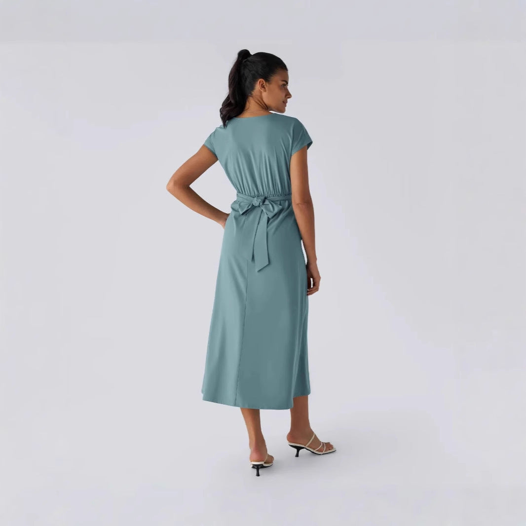 Solid Color Overlapping V-neck Short Sleeve Side Pocket Lace-up Quick-drying Mid-length Casual Dress