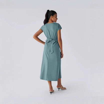 Solid Color Overlapping V-neck Short Sleeve Side Pocket Lace-up Quick-drying Mid-length Casual Dress