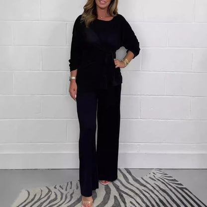 Amazon Europe And America Cross Border 2024 Fall Women's Clothing Solid Color Casual Fashion Lace-up Long Sleeve Top And Trousers Suit