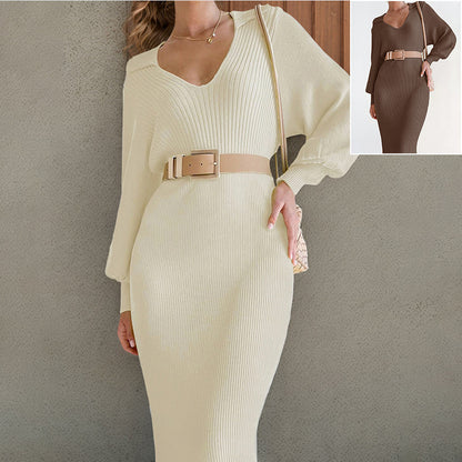 Elegant Commuter Sweater V-neck Lace-up High Waist Women's Dress