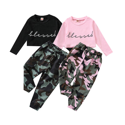 Two-piece Set Of New Letter-print Leak Navel Top Camouflage Pants
