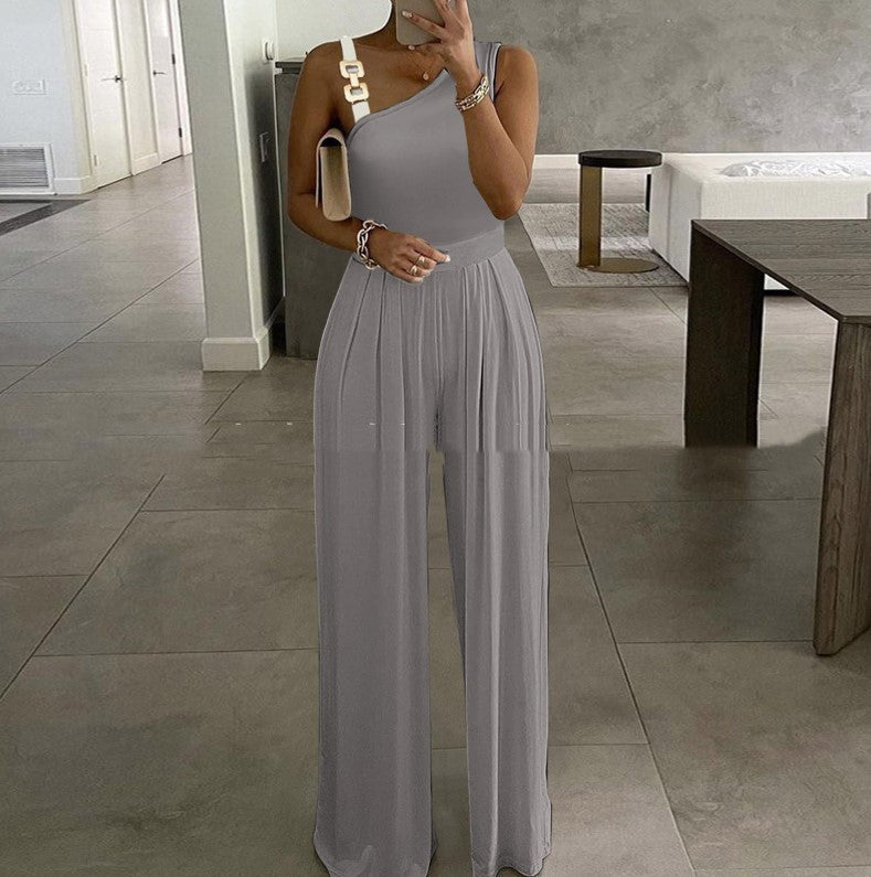Women's Metal Buckle Vest Top High Waist Wide Leg Jumpsuit