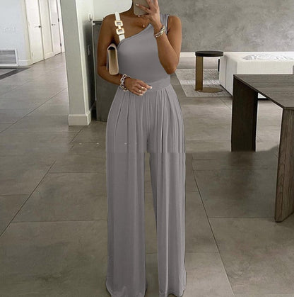 Women's Metal Buckle Vest Top High Waist Wide Leg Jumpsuit