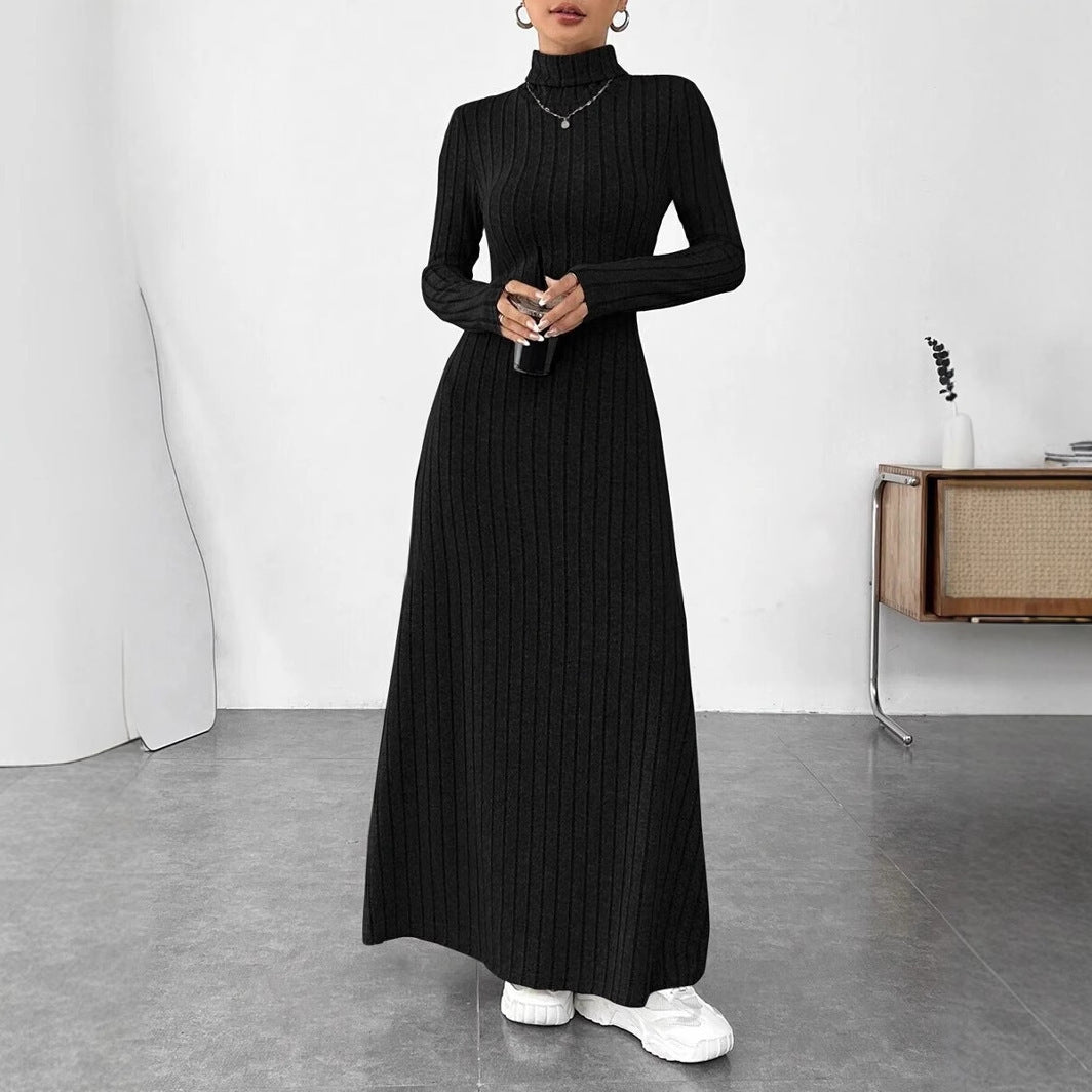 Women's Slim Fit Turtleneck Rib Fabric Brushed Long Sleeve Dress
