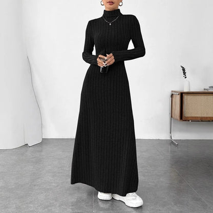 Women's Slim Fit Turtleneck Rib Fabric Brushed Long Sleeve Dress