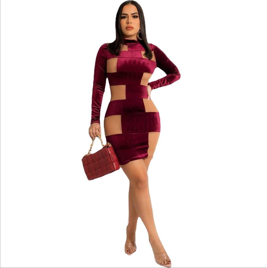 Female Slim Fit Korean Velvet Patchwork Mesh Dress