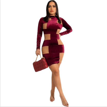 Female Slim Fit Korean Velvet Patchwork Mesh Dress